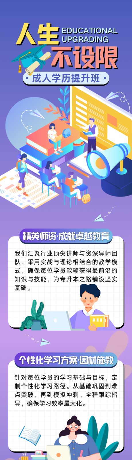 源文件下载【享设计】搜索编号：45580032881917546【蓝紫渐变扁平插画学历教育长图】