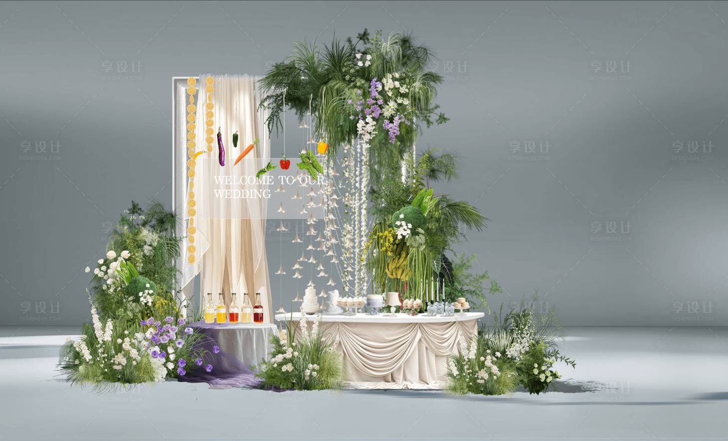 源文件下载【享设计】搜索编号：26300033004338875【小清新果蔬婚礼签到台甜品区美陈布置】