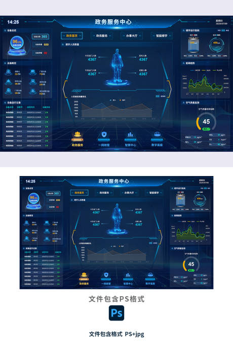 源文件下载【享设计】搜索编号：92650032960627748【科技蓝政务中心数据大屏UI设计】