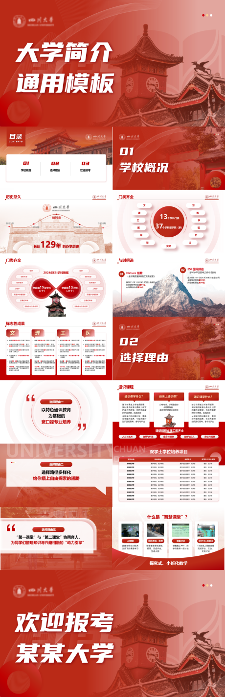 源文件下载【享设计】搜索编号：40730033177107953【红色简约大气大学简介PPT】