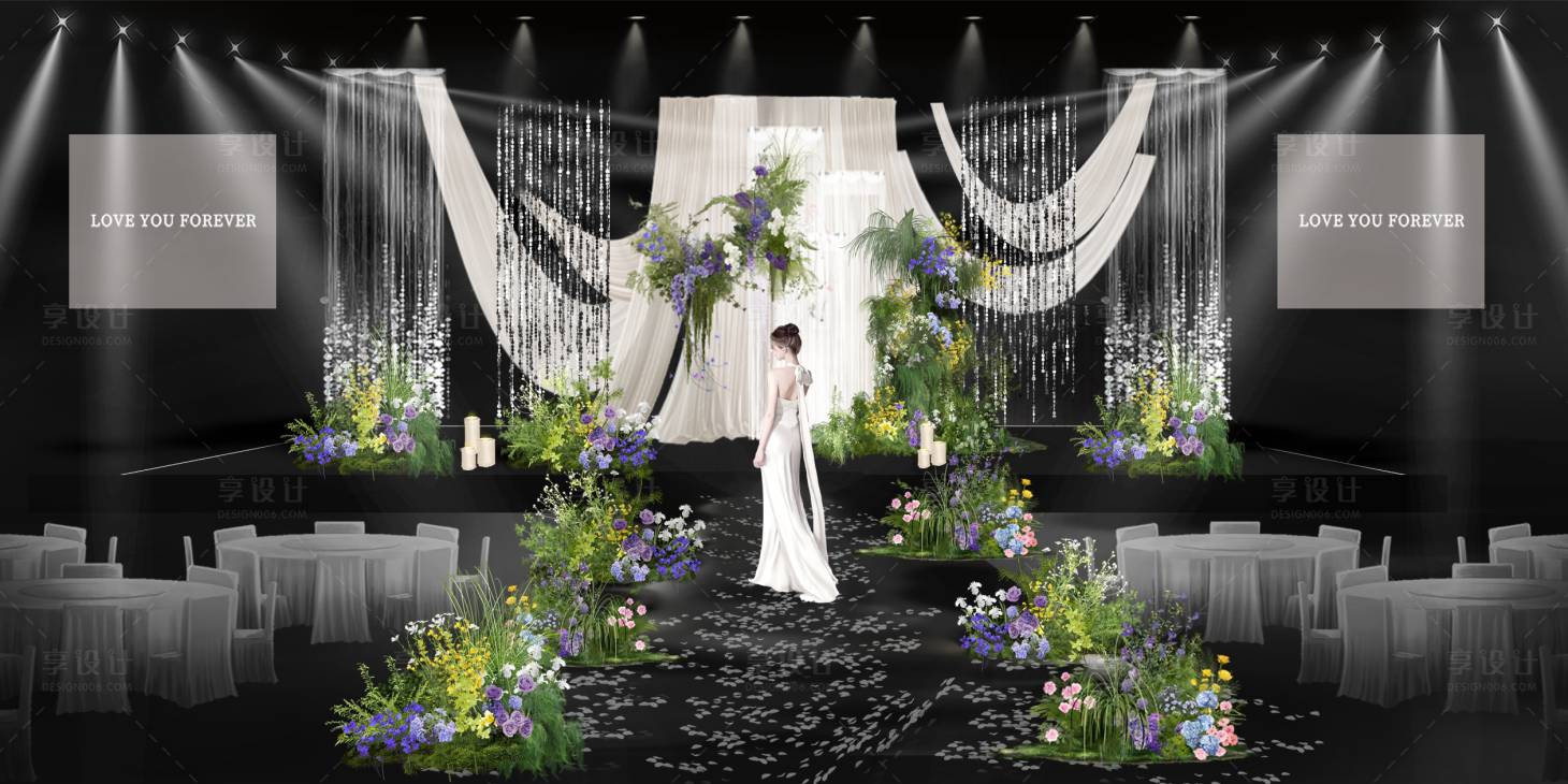 源文件下载【享设计】搜索编号：97680033786714594【紫绿色自然风线帘婚礼】
