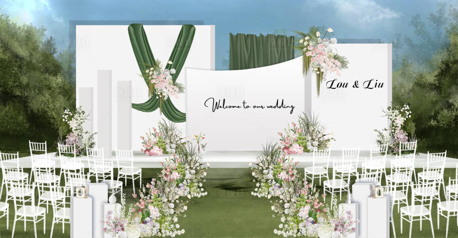 源文件下载【享设计】搜索编号：17260033663305452【白绿色户外婚礼布置】