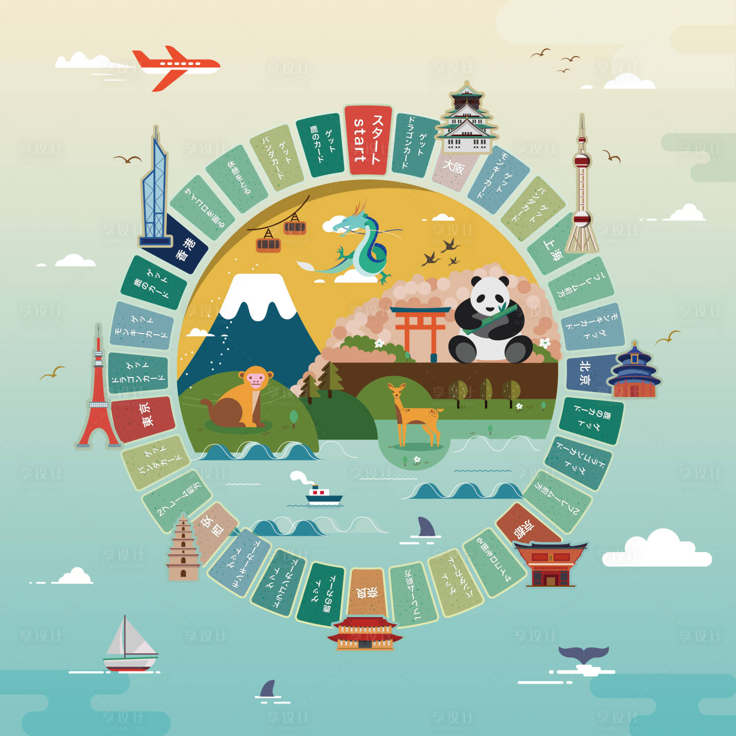 源文件下载【享设计】搜索编号：91160033584244966【大富翁游戏插画日本动物头脑风暴棋盘格】