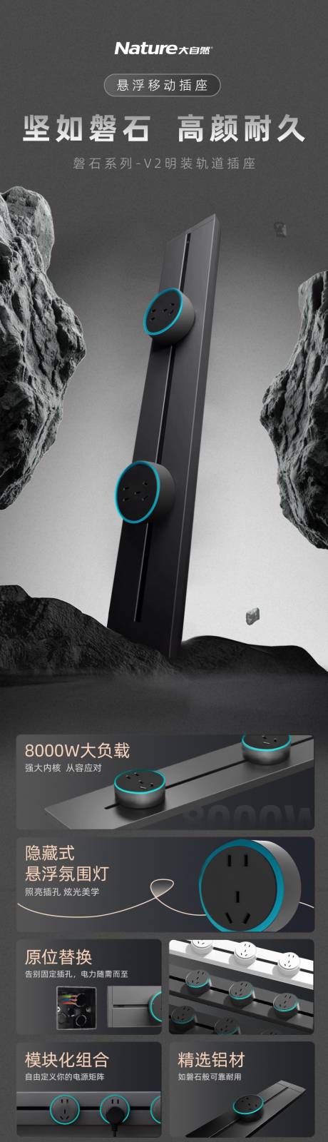 源文件下载【享设计】搜索编号：13200033783358838【轨道插座开关岩石高级黑白详情页】