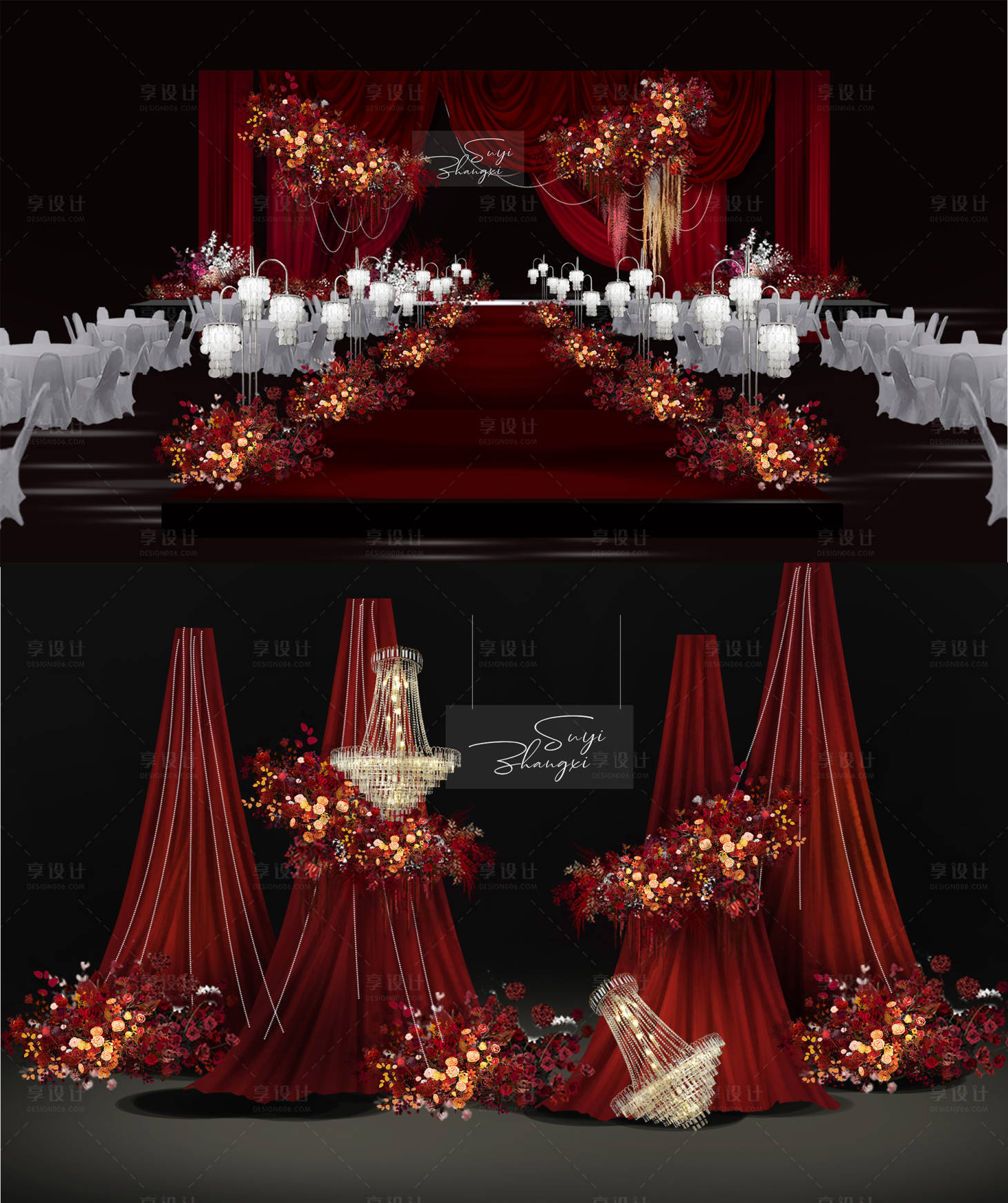 源文件下载【享设计】搜索编号：52780033487327798【红色布幔主题婚礼效果图】