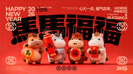 源文件下载【享设计】搜索编号：81070033573863646【马年马马福福创意展板】