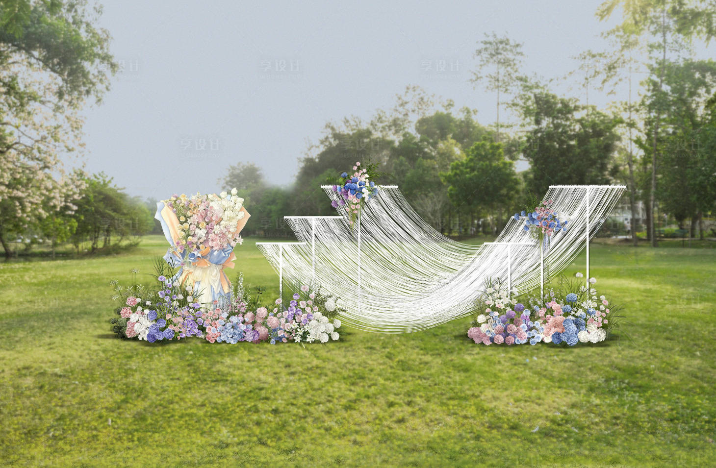 源文件下载【享设计】搜索编号：56960034211063781【多巴胺色户外游园会草坪婚礼合影区】