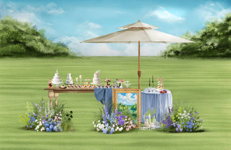 源文件下载【享设计】搜索编号：33940034211949409【多巴胺色户外游园会草坪婚礼甜品区】