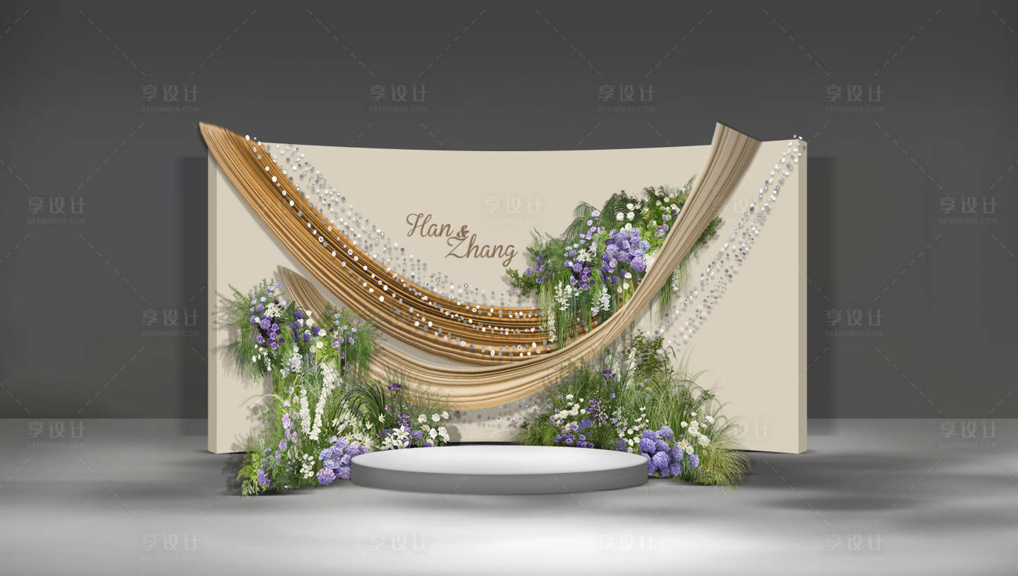 源文件下载【享设计】搜索编号：36290034280603675【香槟色背景咖色布幔简约韩式婚礼布置】