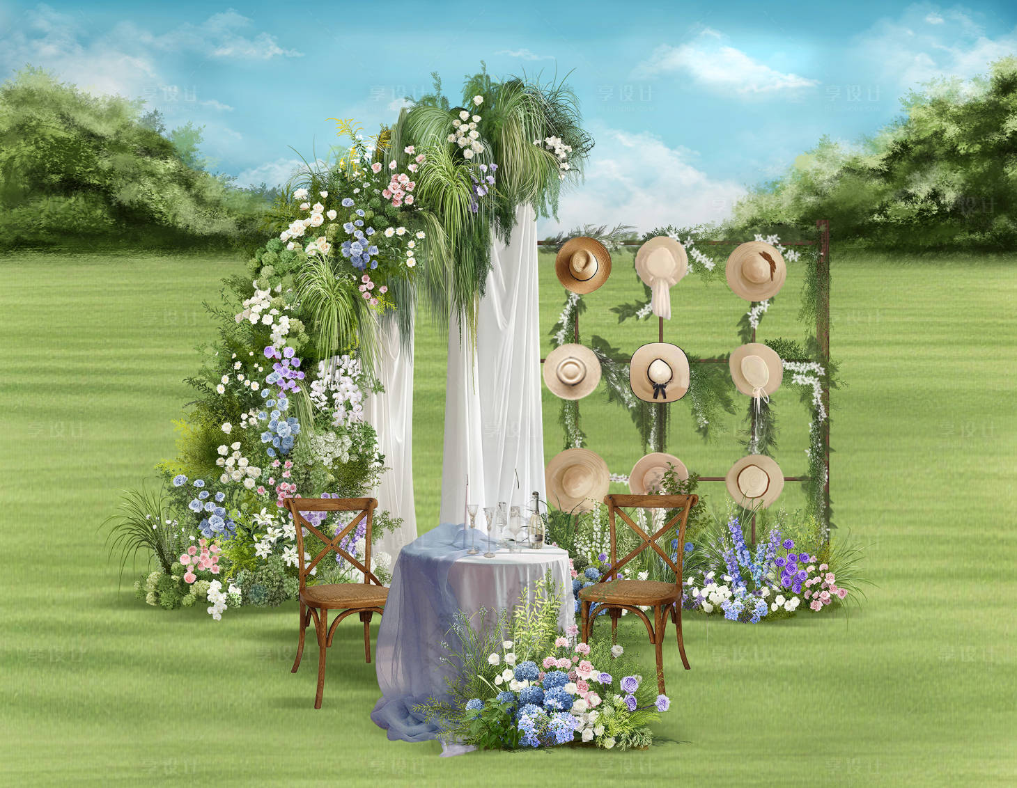 源文件下载【享设计】搜索编号：50940034211824560【多巴胺色户外游园会草坪婚礼合影区堆头】