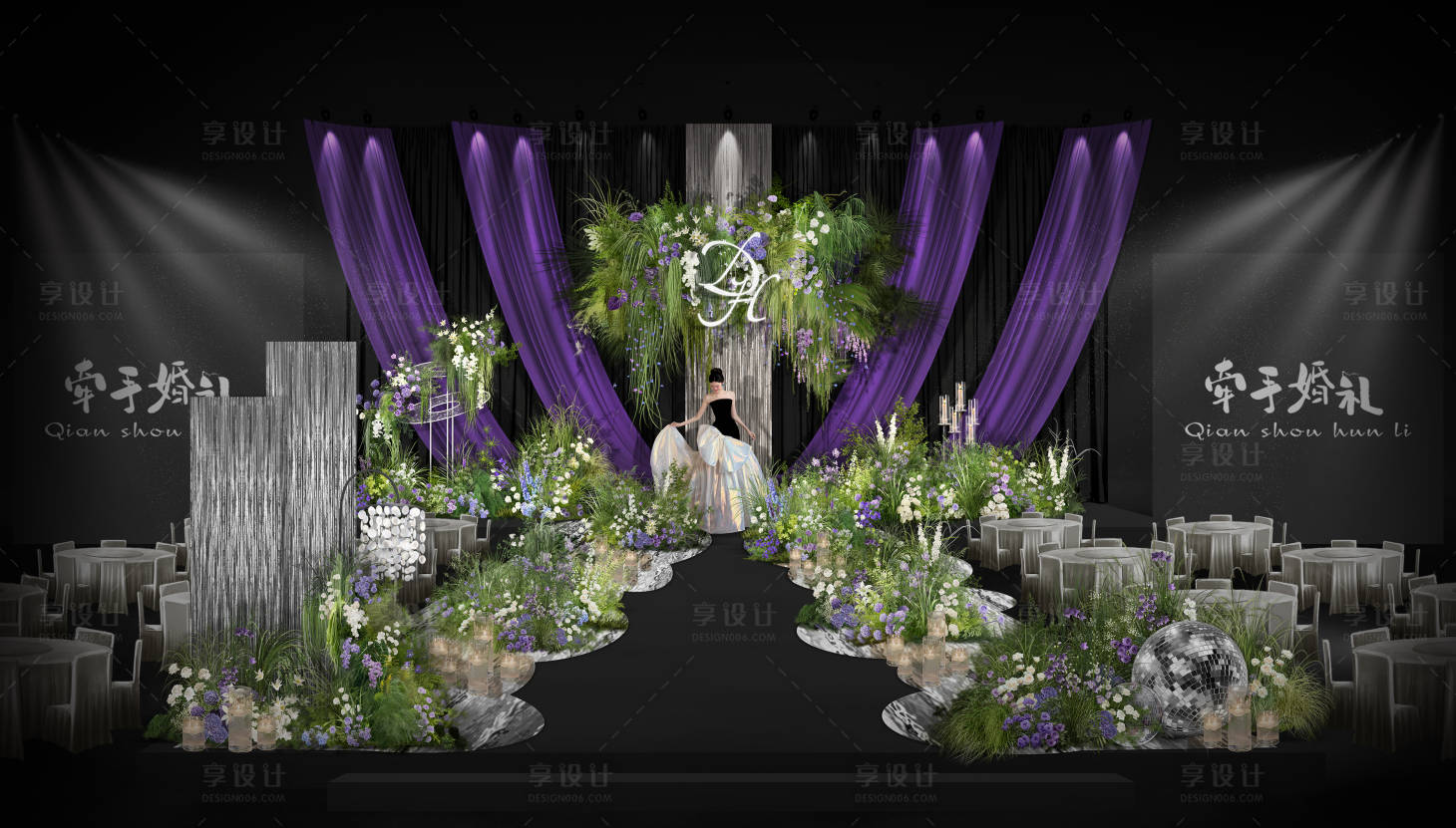 源文件下载【享设计】搜索编号：21980034210323225【紫色布幔简约韩式婚礼舞台布置】
