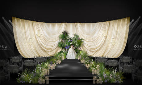 源文件下载【享设计】搜索编号：30700034280166406【香槟色布幔简约韩式婚礼舞台布置】