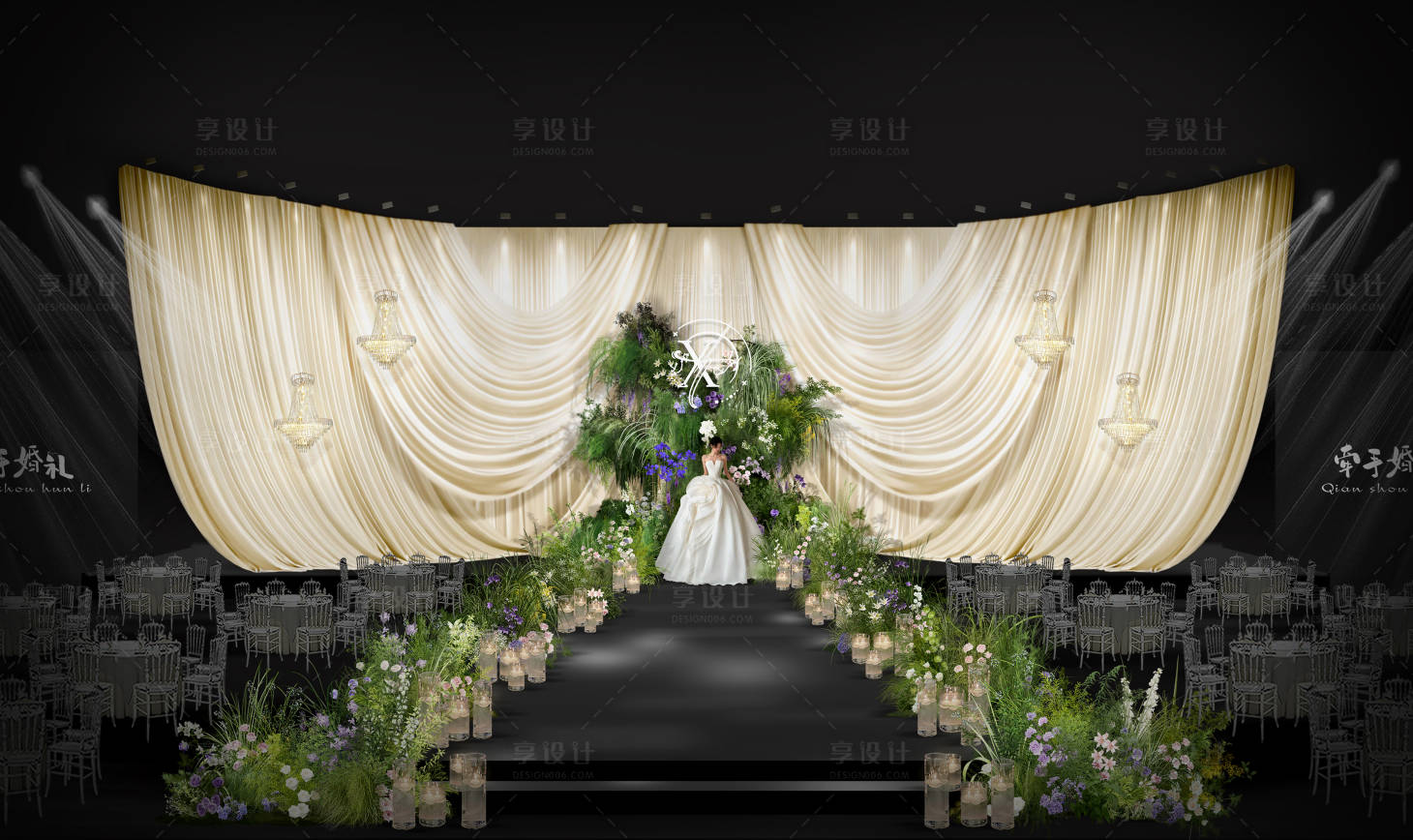 源文件下载【享设计】搜索编号：30700034280166406【香槟色布幔简约韩式婚礼舞台布置】