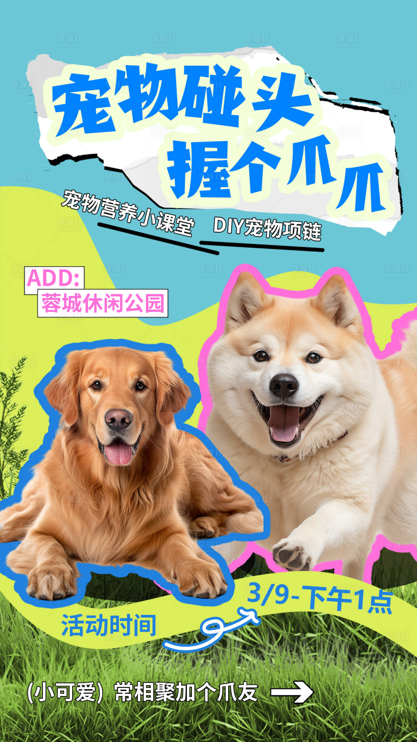 源文件下载【享设计】搜索编号：44000033829731614【宠物活动创意春季宠物蓝色趣味描边海】