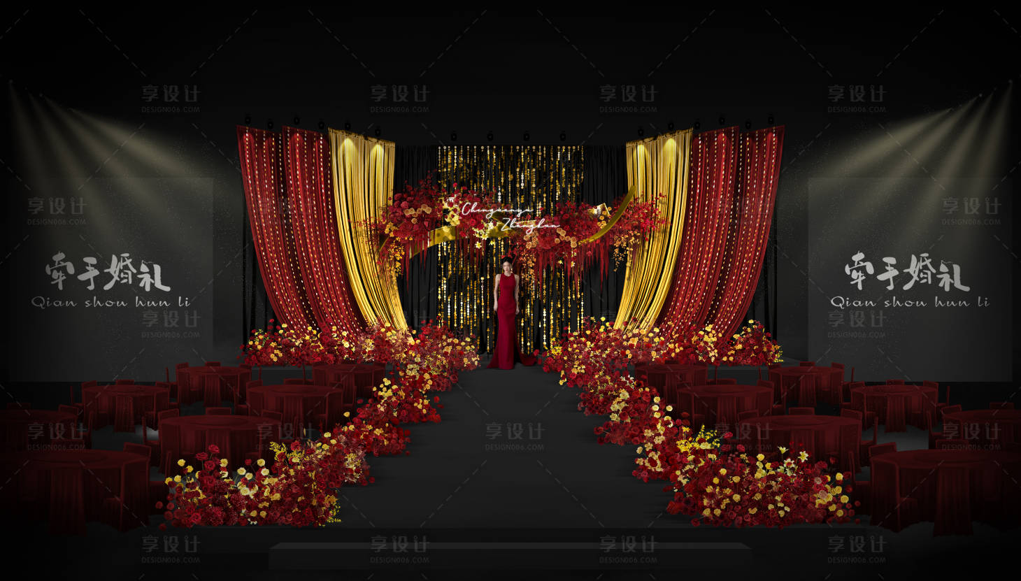 源文件下载【享设计】搜索编号：88040034208602252【布幔金色亮片婚礼堆头美陈】