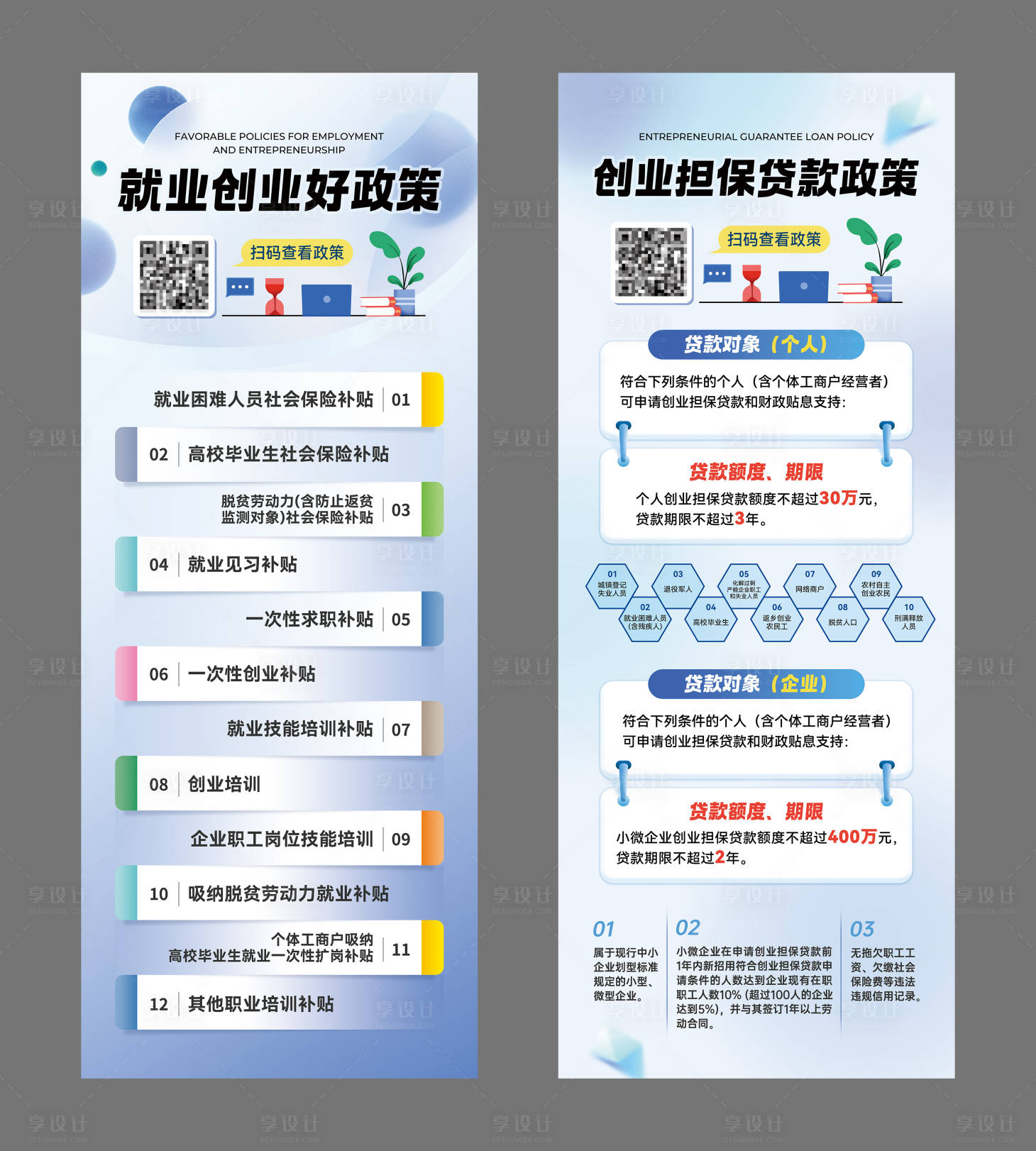 源文件下载【享设计】搜索编号：54090034079497902【就业政策创业担保贷款政策展架】