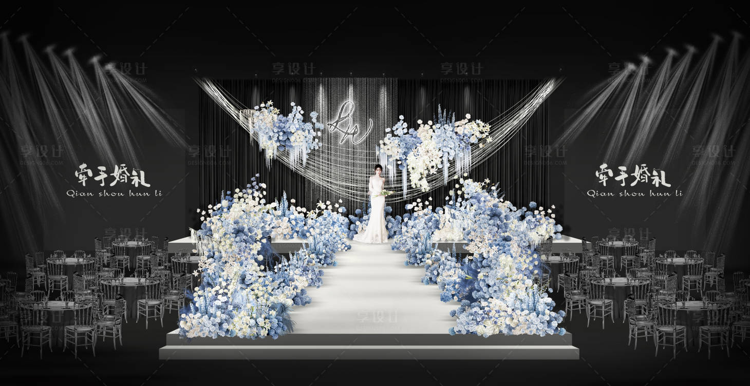 源文件下载【享设计】搜索编号：29000034280023133【白色线帘水晶珠帘蓝白色婚礼】