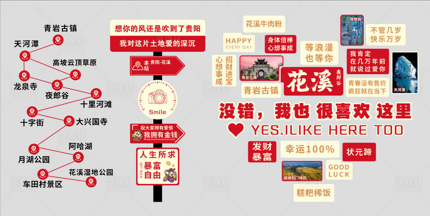 源文件下载【享设计】搜索编号：76410033841422885【贵阳花溪旅游路线打卡墙拍照】