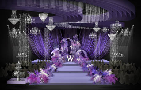 源文件下載【享設計】搜索編號：69650034279985769【紫色布幔簡約韓式婚禮舞臺布置】