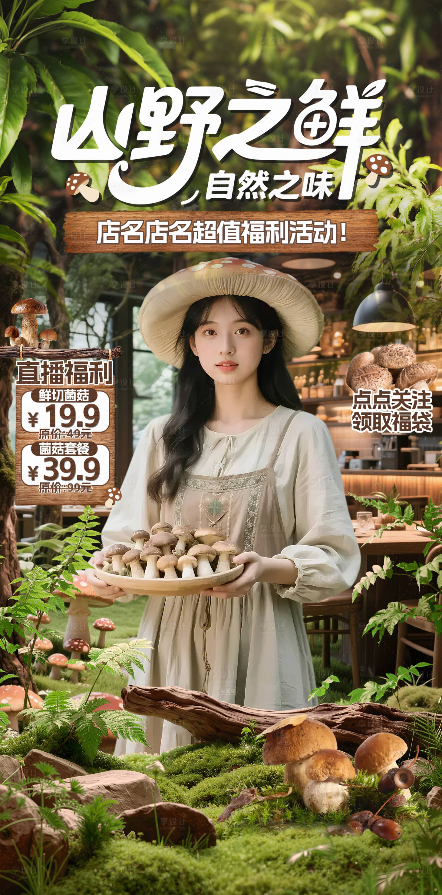 源文件下载【享设计】搜索编号：17540033812478735【绿色自然风菌菇餐饮直播间贴片】