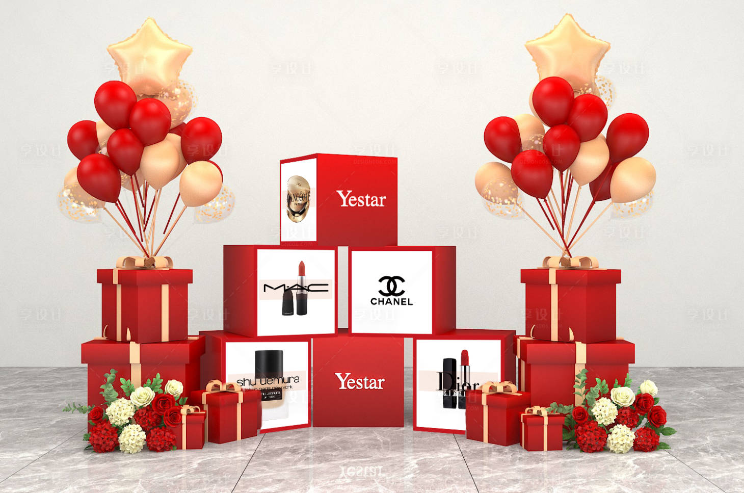 源文件下载【享设计】搜索编号：41250033895589671【医美院庆红色美陈花艺气球礼物堆头美陈】