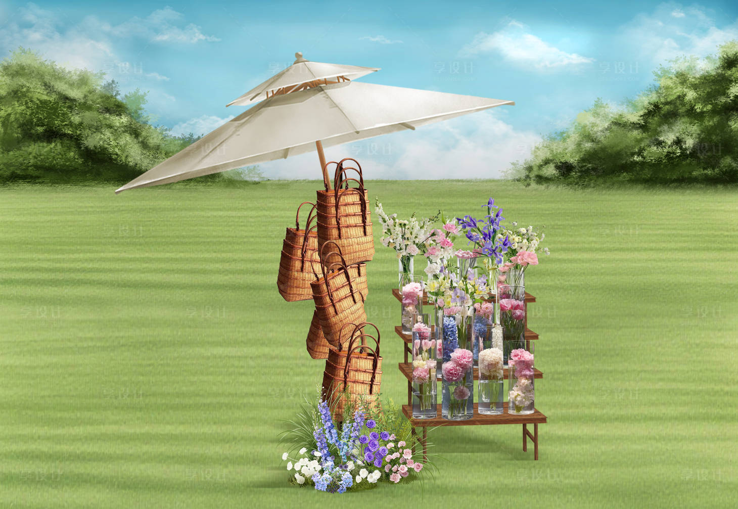 源文件下载【享设计】搜索编号：97260034211858601【多巴胺色户外游园会草坪婚礼堆头美陈】