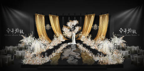 源文件下载【享设计】搜索编号：81060034210935347【金色布幔老钱风婚礼舞台布置堆头美陈】