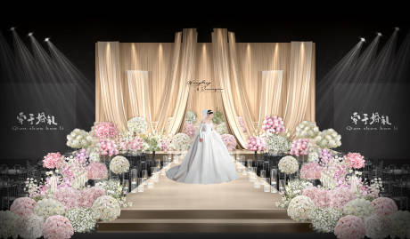 源文件下载【享设计】搜索编号：48260034208024386【香槟色布幔简约韩式婚礼舞台布置】