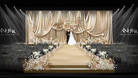 源文件下载【享设计】搜索编号：91560034280644813【咖色浅咖色布幔简约婚礼布置】