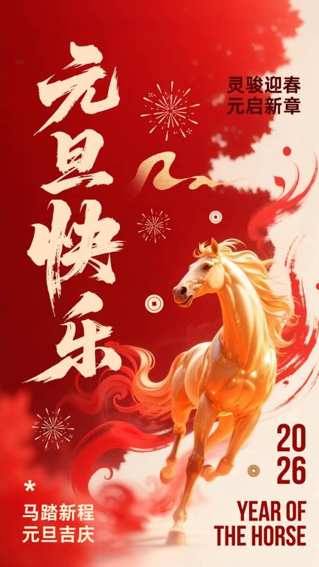 源文件下载【享设计】搜索编号：97520034268966461【红金色大气中国风骏马元旦快乐祝福海报】