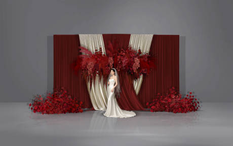 源文件下载【享设计】搜索编号：71180034292842354【红色香槟色布幔秀场婚礼签到布置】