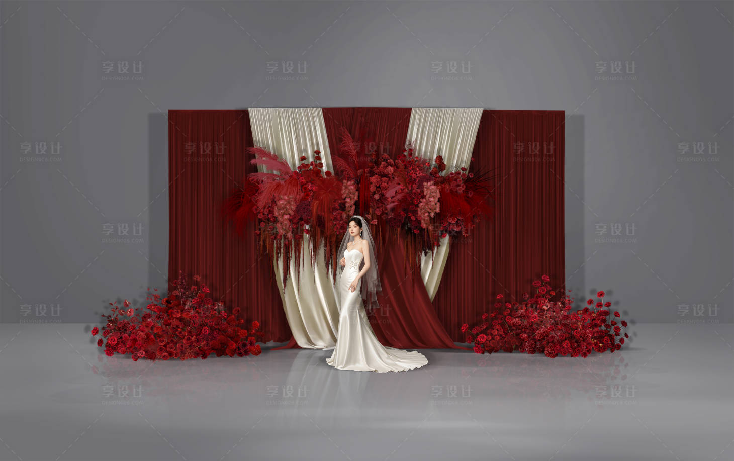 源文件下载【享设计】搜索编号：71180034292842354【红色香槟色布幔秀场婚礼签到布置】