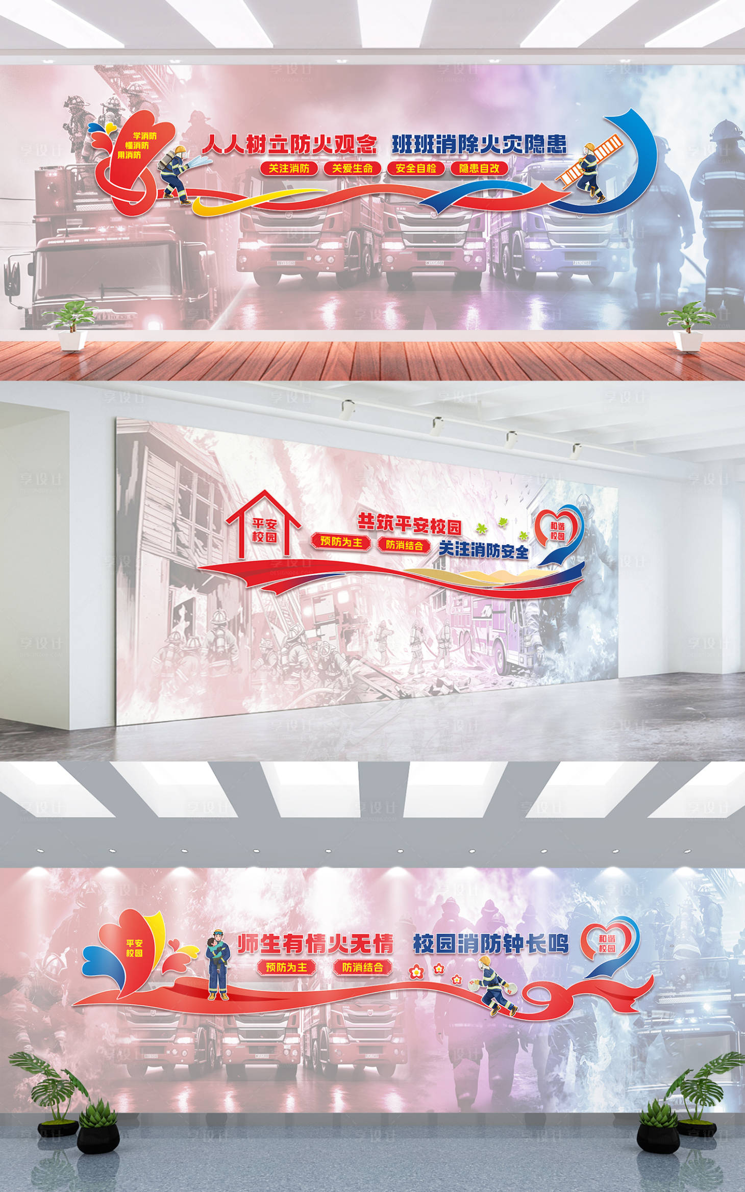 源文件下载【享设计】搜索编号：13960034552471260【消防元素背景墙布-校园消防标语】