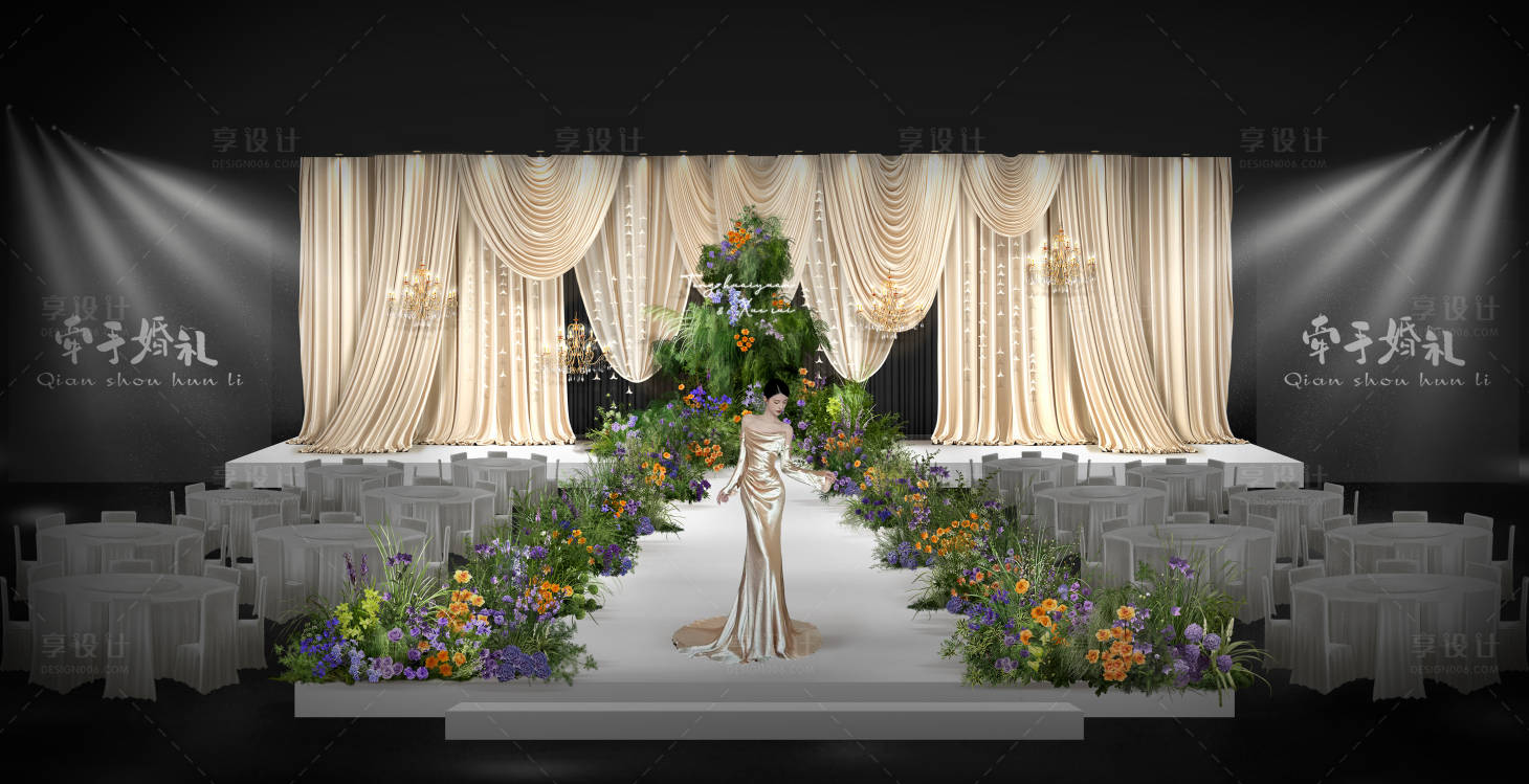 源文件下载【享设计】搜索编号：44090034292786164【香槟色布幔简约韩式婚礼舞台布置】