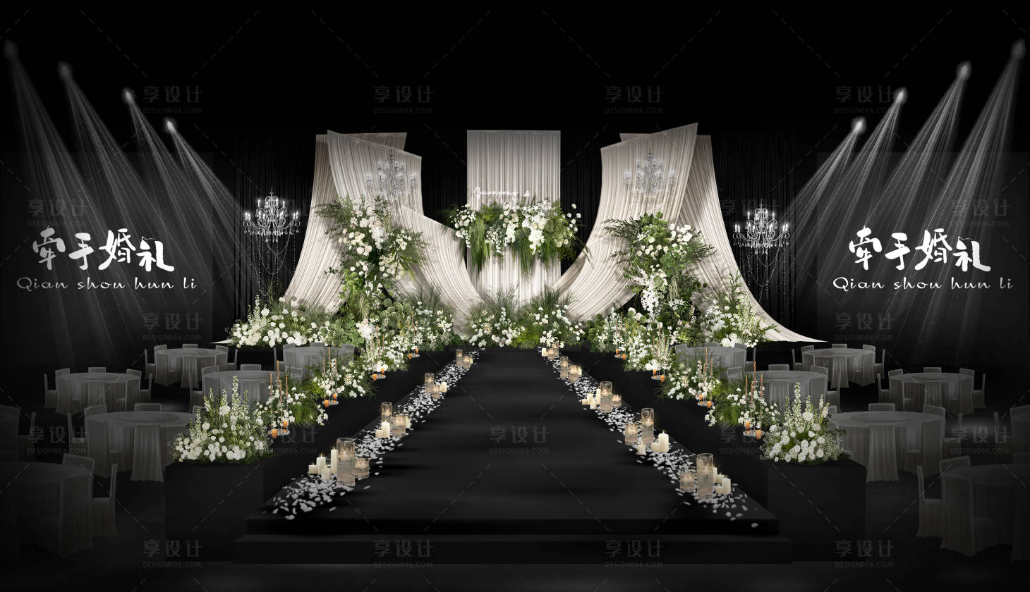 源文件下载【享设计】搜索编号：64970034289361832【韩式婚礼造型白绿色花艺堆头美陈】