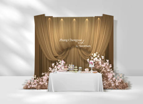 源文件下载【享设计】搜索编号：61970034292793964【咖色浅咖色布幔简约婚礼签到布置】