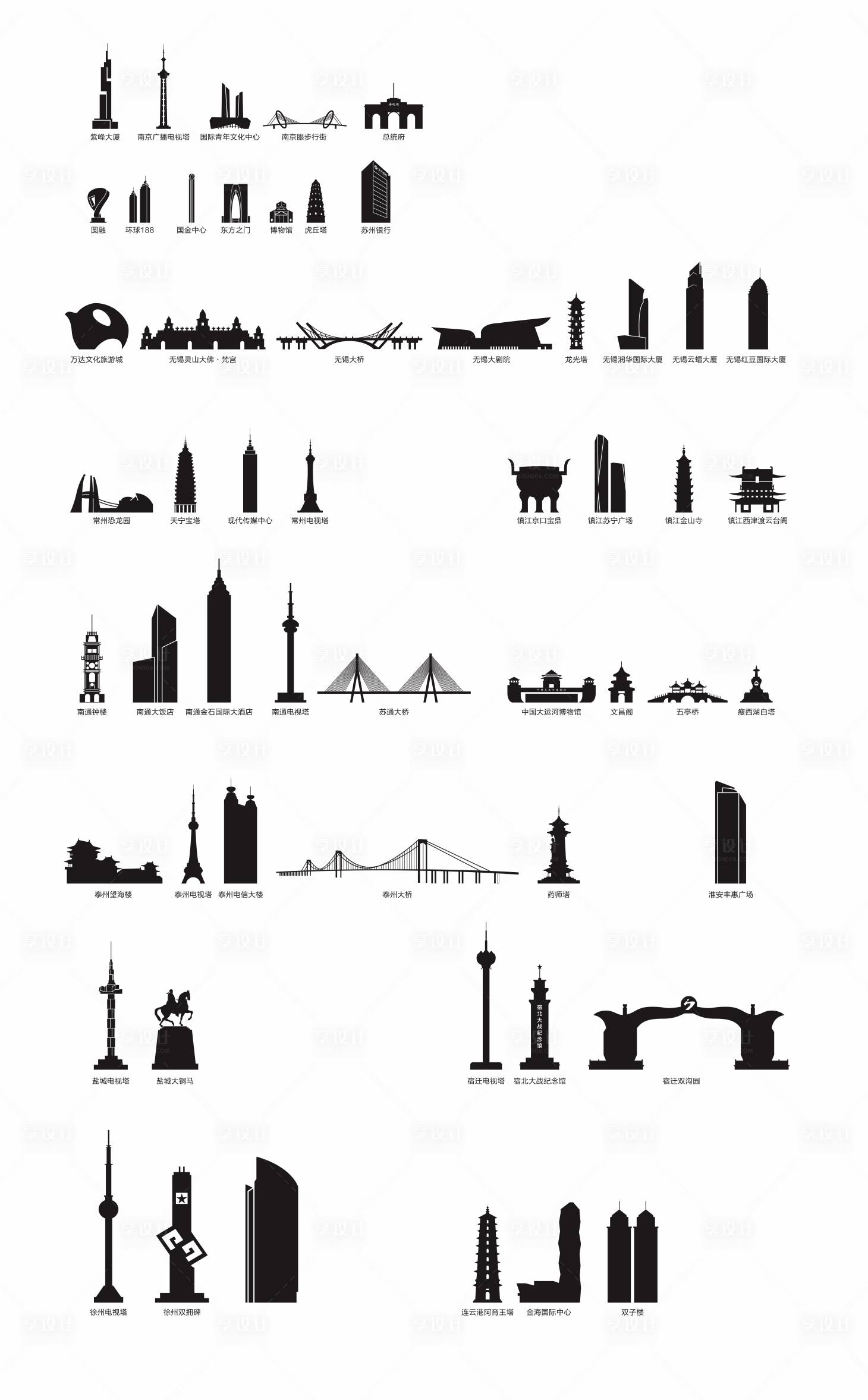 源文件下载【享设计】搜索编号：44700034552747419【江苏地标建筑剪影】