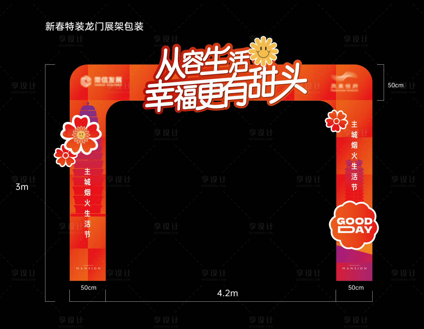 源文件下载【享设计】搜索编号：33710034656956513【新春特装门头包装龙门架】