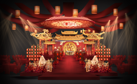 源文件下载【享设计】搜索编号：92560034577171477【红色中式吊顶龙凤婚礼效果图】