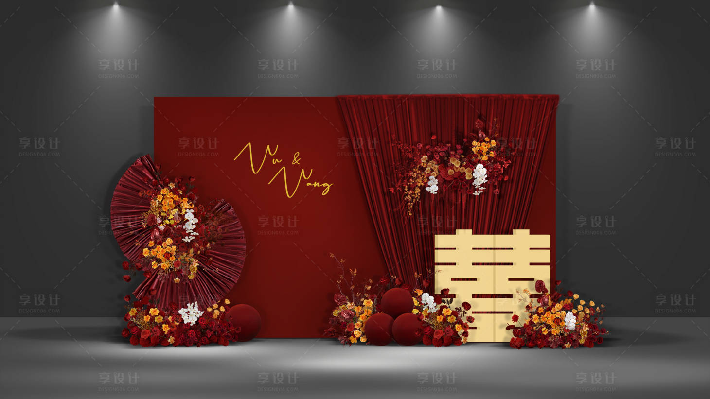 源文件下载【享设计】搜索编号：77830034291093436【红色简约金色喜字婚礼签到订婚宴布置】