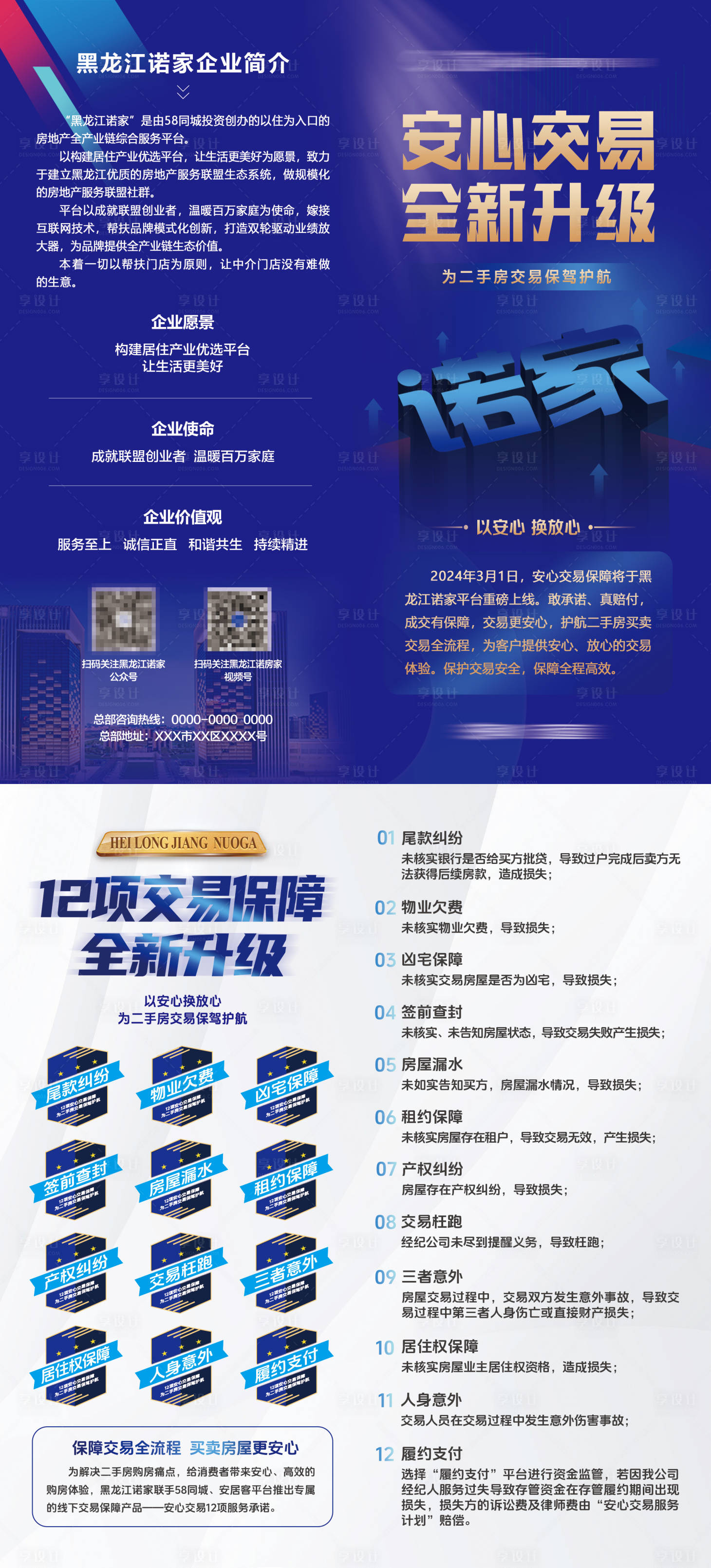 源文件下载【享设计】搜索编号：13540034473864959【地产平台简介安心交易蓝色折页】