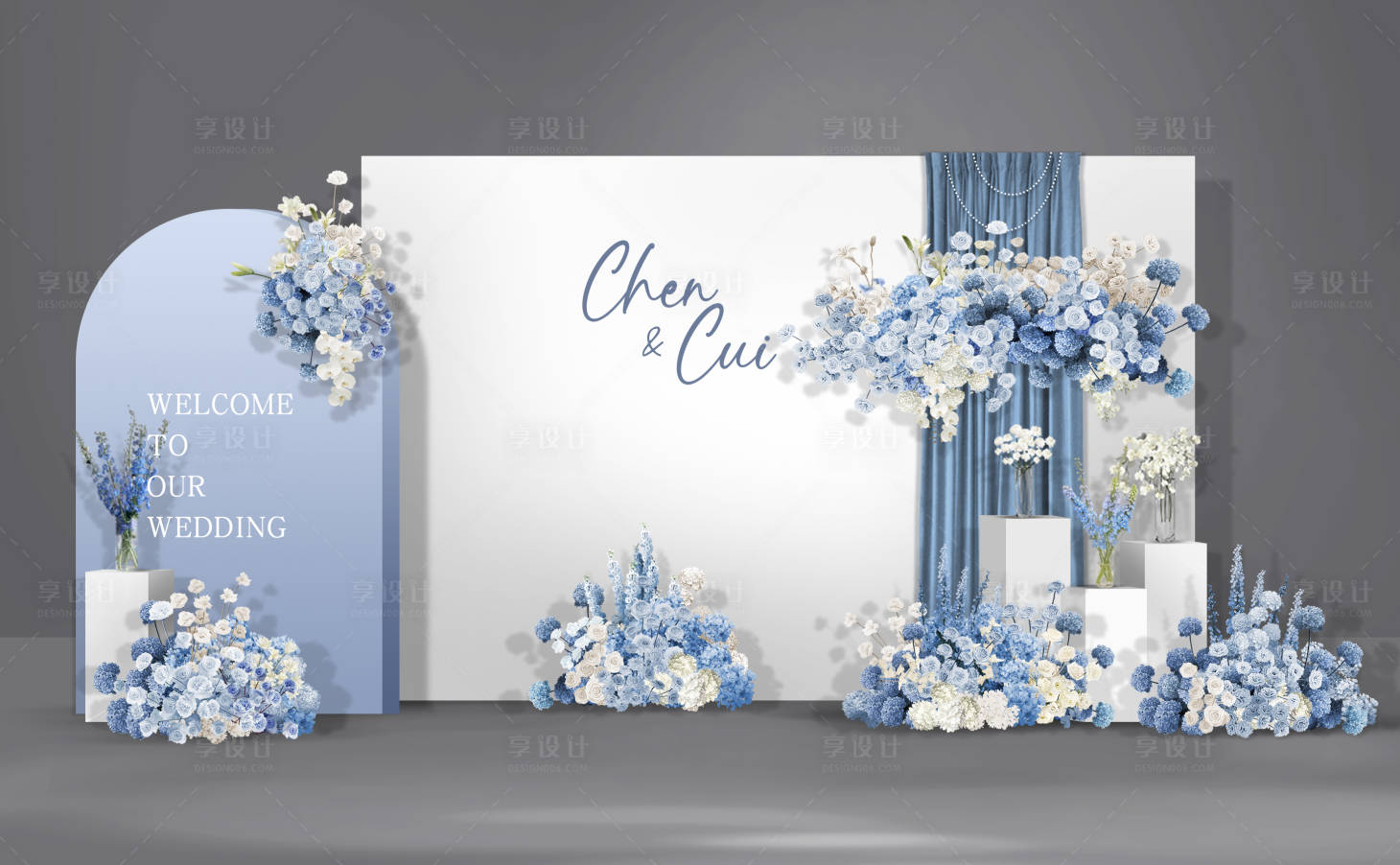 源文件下载【享设计】搜索编号：69250034293891184【蓝白色花艺简约婚礼签到效果图】