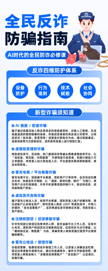 源文件下载【享设计】搜索编号：92770034739915899【蓝白色插画全民反诈防骗指南宣传长图】