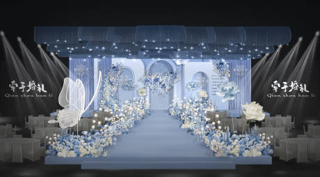 源文件下载【享设计】搜索编号：53750034290986502【浅蓝色背景板蓝白色花艺舞台布置】