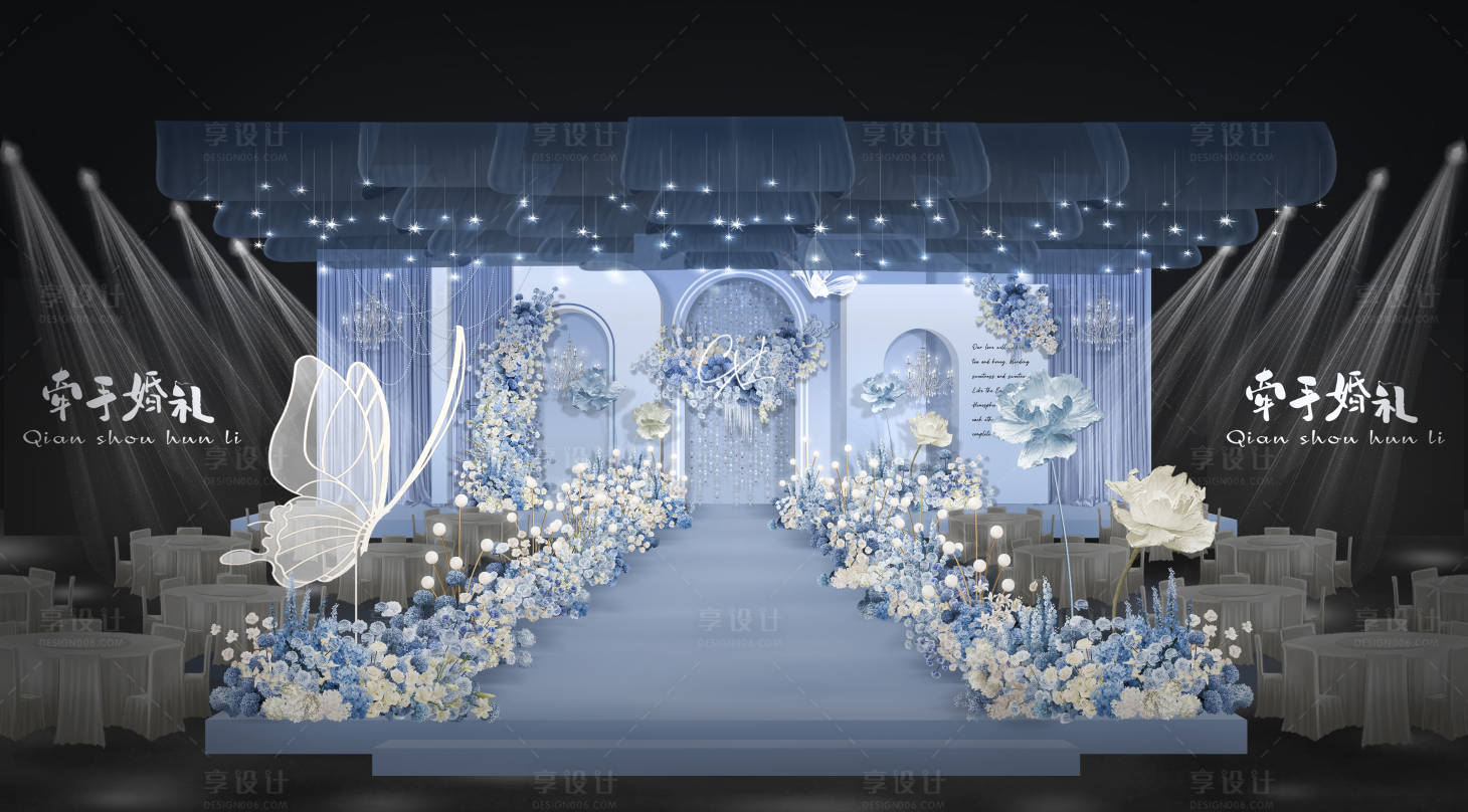 源文件下载【享设计】搜索编号：53750034290986502【浅蓝色背景板蓝白色花艺舞台布置】