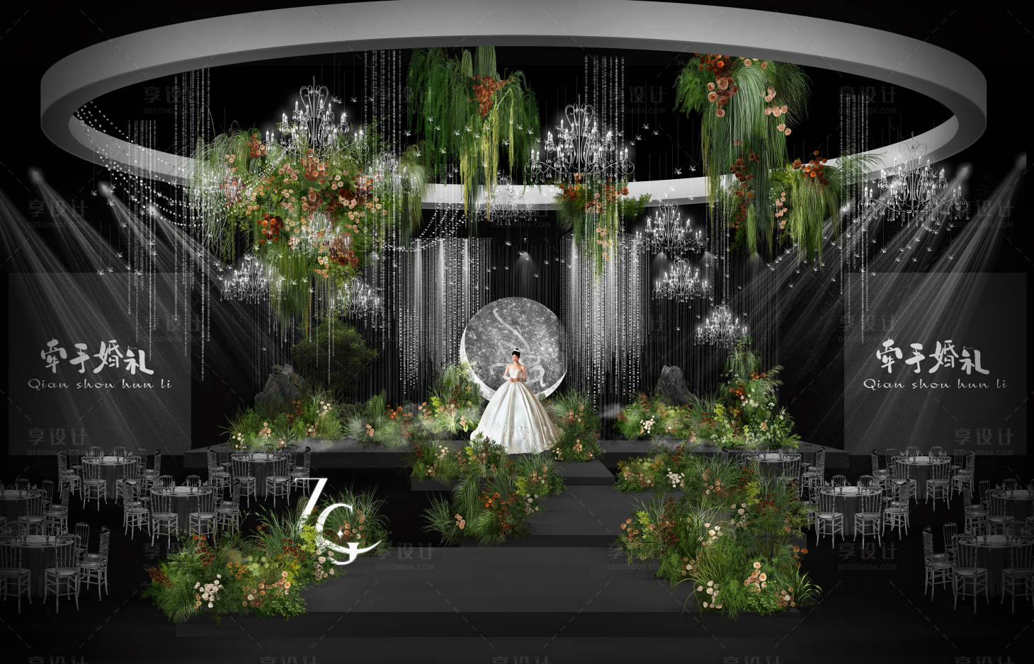 源文件下载【享设计】搜索编号：90150034289321021【森系野生绿咖色花艺水晶婚礼堆头美陈】