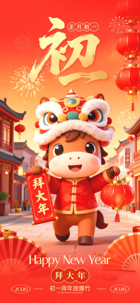 源文件下载【享设计】搜索编号：94900035246032537【春节马年初一拜年海报】