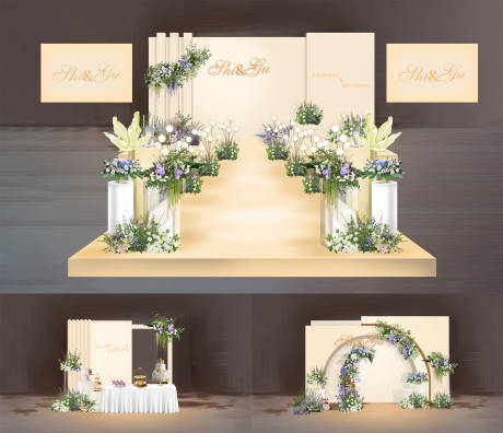 源文件下载【享设计】搜索编号：24730035191776367【香槟金婚礼布置堆头美陈】