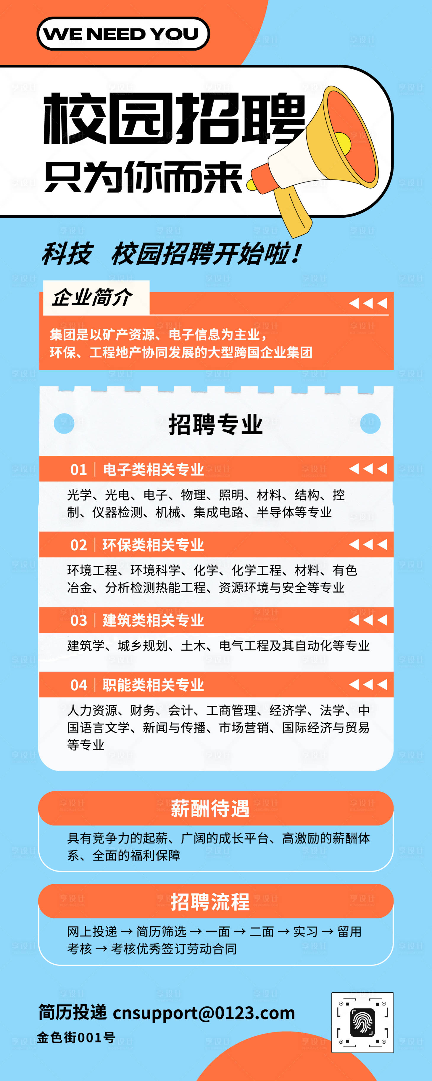 源文件下载【享设计】搜索编号：90710035038268103【蓝橙色扁平插画招聘长图】
