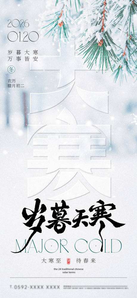 源文件下载【享设计】搜索编号：92620035058625285【大寒节气祝福积雪松枝简约全屏竖版海报】